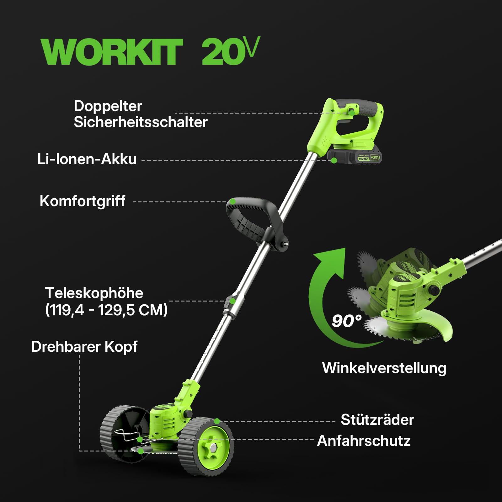 WORKIT 800W Akku Rasentrimmer mit Rädern, 3-in-1 Freischneider Akku & Rasenmäher-Modus, inkl. 2x 2,0 Ah Akkus, rückenschonender Teleskopstiel, akku rasentrimmer für Dickicht, rasentrimmer mit akku Set