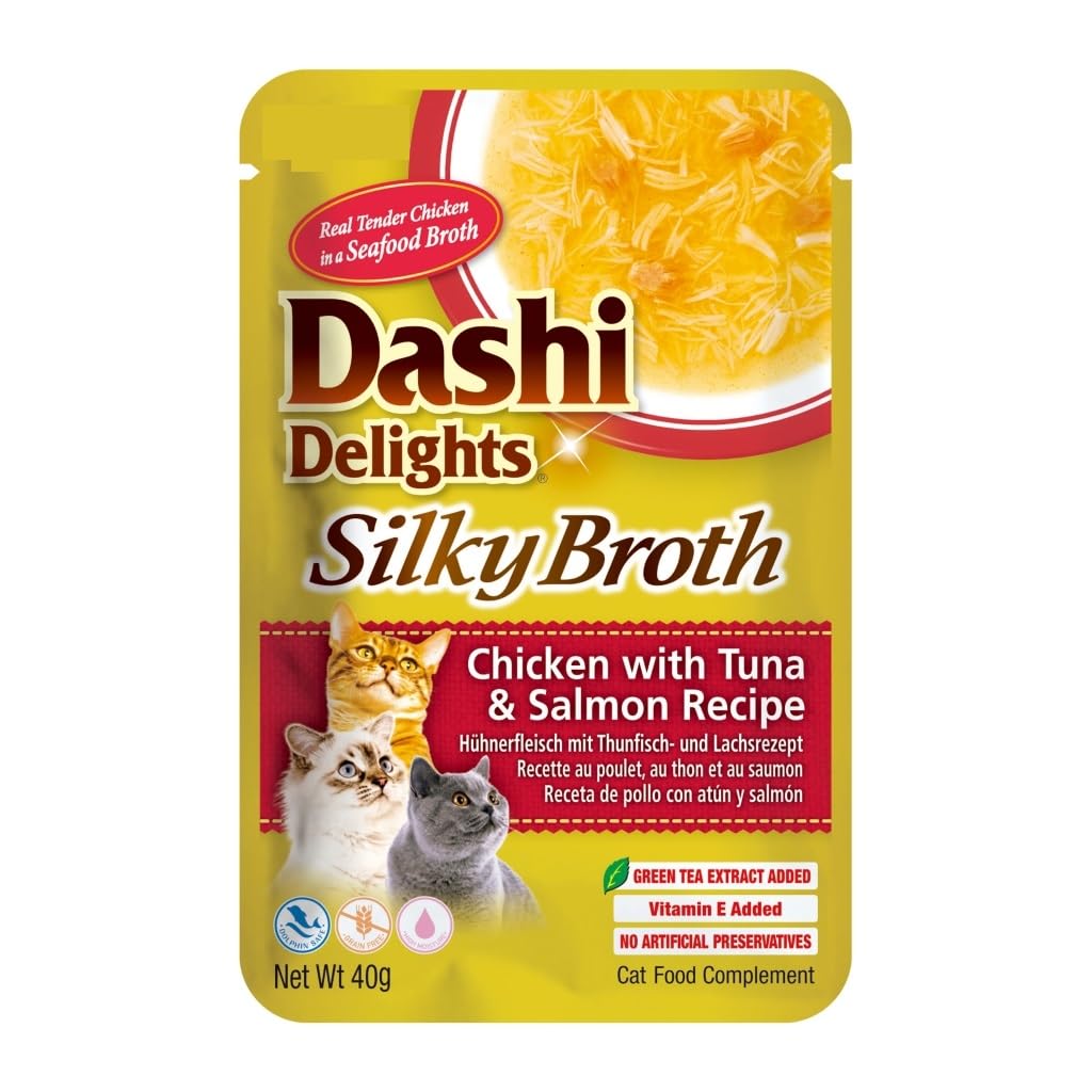 Cibo umido per gatti Dashi Silky | Alimento complementare | Altamente idratante | 12 x 40 g | Vari sapori | (12 x 40 g, pollo, tonno e salmone)