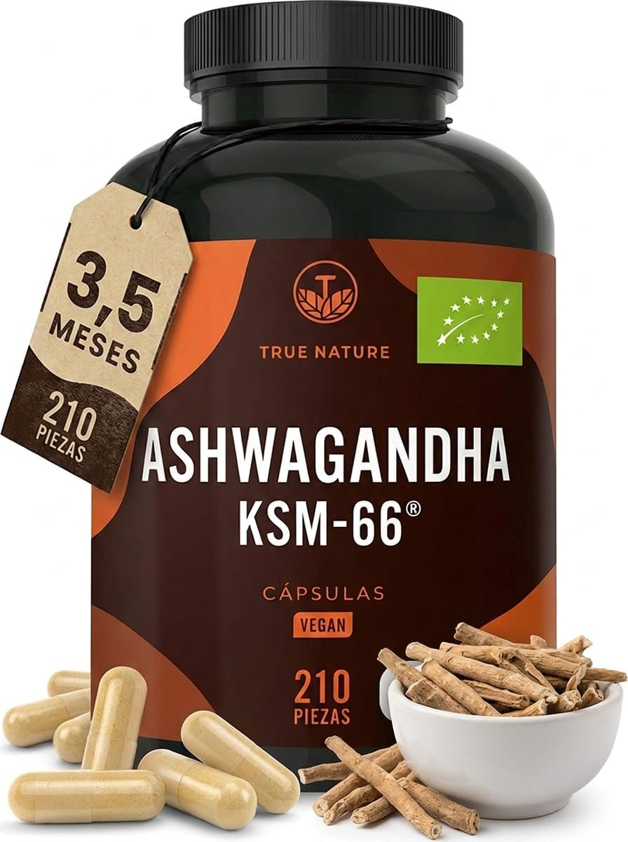 Ashwagandha KSM-66® Ecológica – 210 Cápsulas (3,5 Meses) – 600mg Extracto Alta Potencia – Withania somnifera (Ginseng indio auténtico) – Vegano – TRUE NATURE