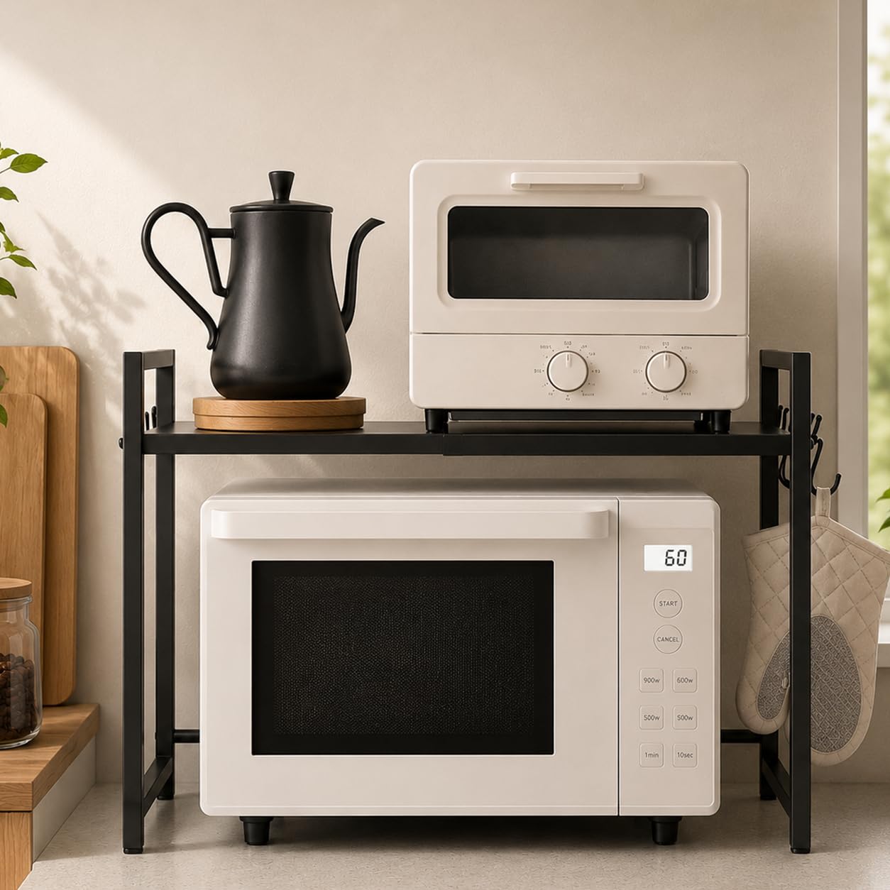 Daiwin Microwave Top Rack, Toaster Rack, Microwave Rack, Telescoping Type, Width (14.2 to 25.6 inches), Adjustable Shelf Height, Load Capacity 50 kg, Sink Top Kitchen Storage Rack with 4 Hooks (Black) Black 幅39~65*奥行31.5 *高さ41.5cm