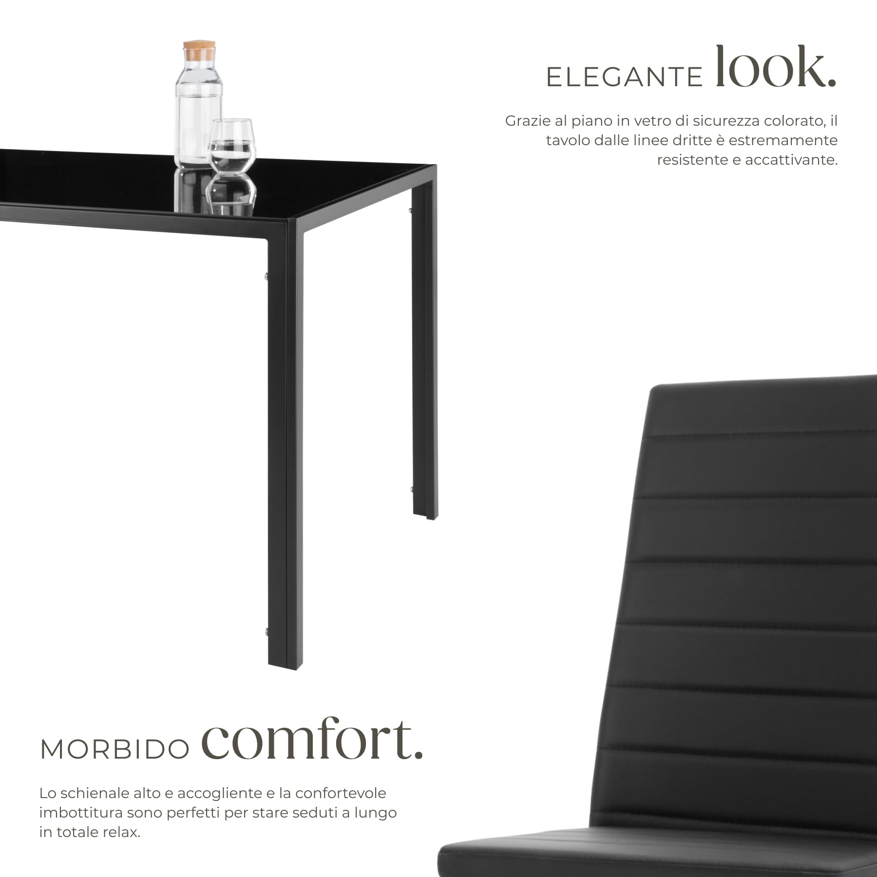 tectake® Set di Mobili per Sala da Pranzo, 6 Sedie in Similpelle Resistente, Tavolo con Piano in Vetro, Design Moderno, Piedini SalvaPavimento, Ideale per Cucina e Soggiorno - Nero/Nero