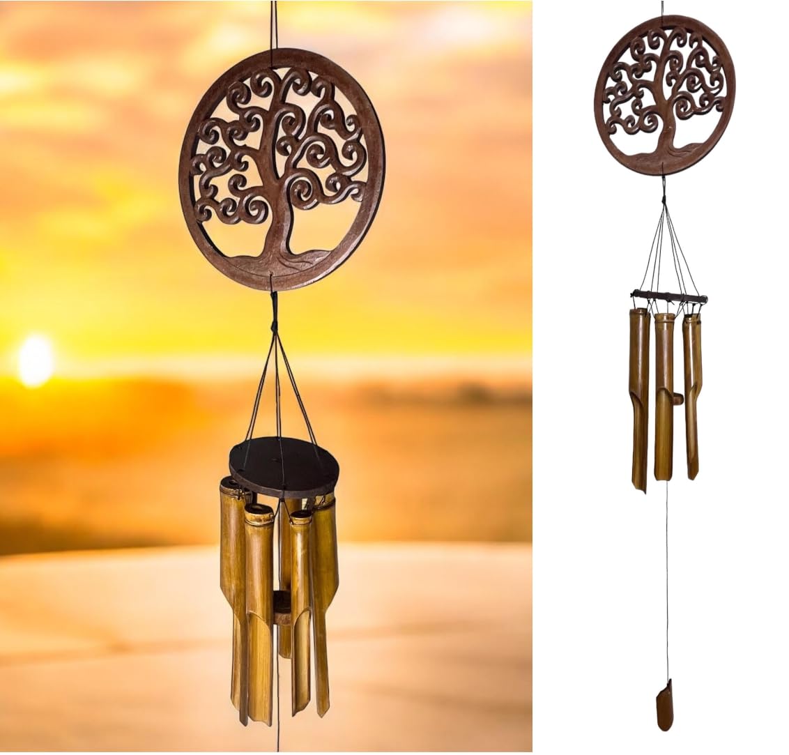 Spiritual Tree of Life Bamboo Windchimes – Wood Hanging Outdoor Garden Patio Porch Décor – Relaxing Peaceful Calming Tones – 43” Overall Windchime