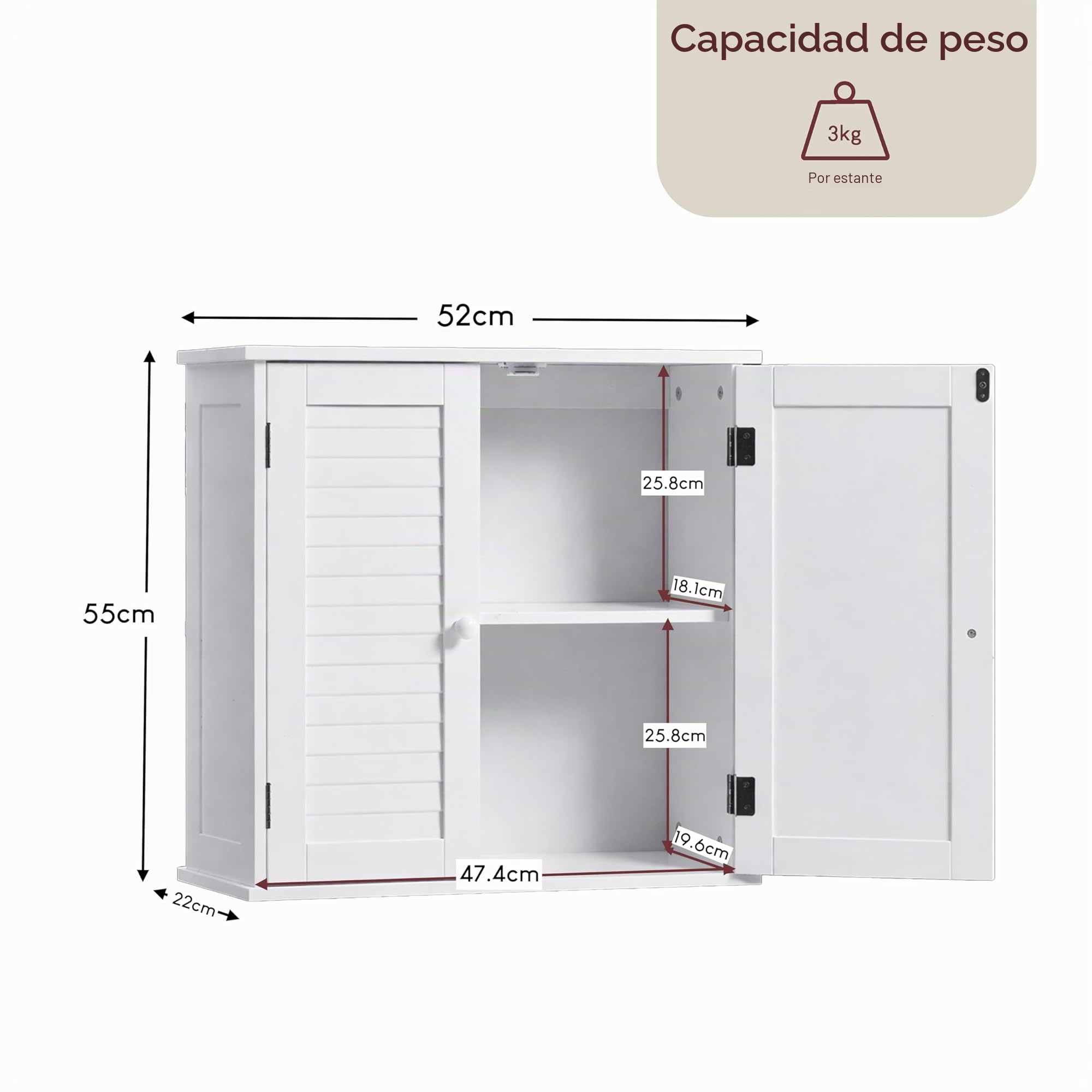 Mueble de baño de Home Discount® de Madera con Rejilla, con Puertas Dobles, para Montar en Pared, Color Blanco