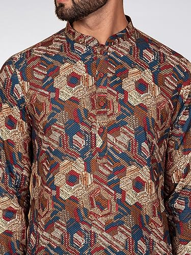 Image of KISAH Men's Kurta Dhoti Set, Multi Cotton Blend, Printed Regular Fit Mandarin Collar Long Sleeves