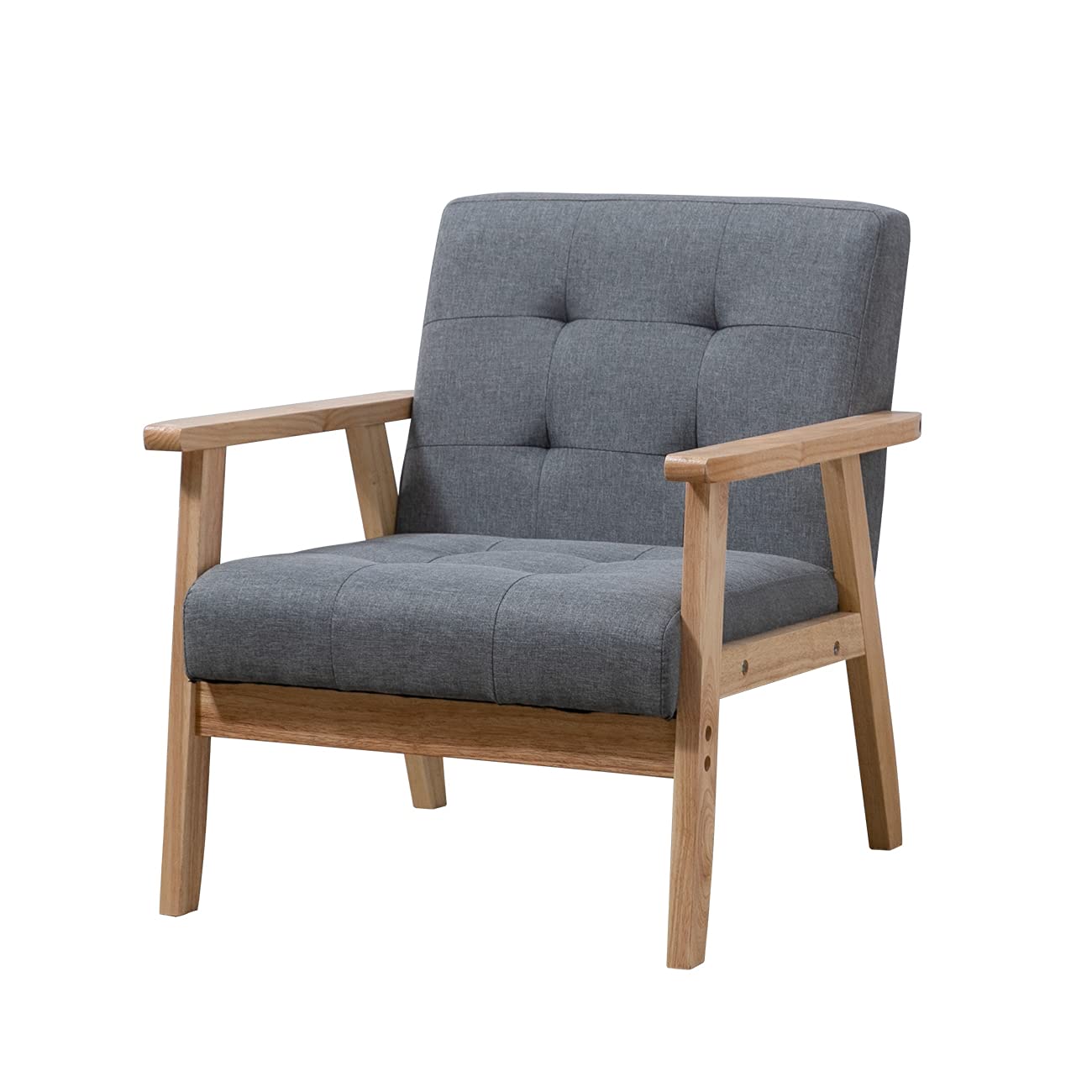Sanery Retro Arm Chair Sofa Settee Set Single Seat Sofa with Padded Seat Linen Fabric Wooden Frames for Living Room Bedroom Home Office, Single Seat - Grey with Buttons