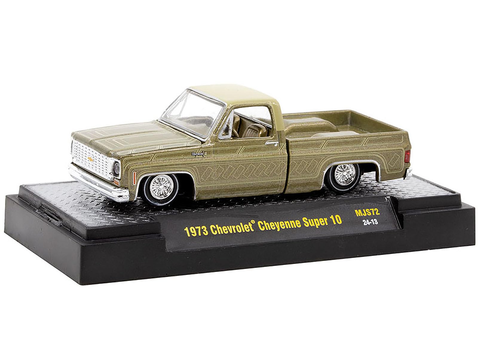 1973 Chevy Cheyenne Super 10 Pickup Truck Gold Metallic with Graphics Lowriders Limited Edition to 7700 Pieces Worldwide 1/64 Diecast Model Car by M2 31500-MJS72