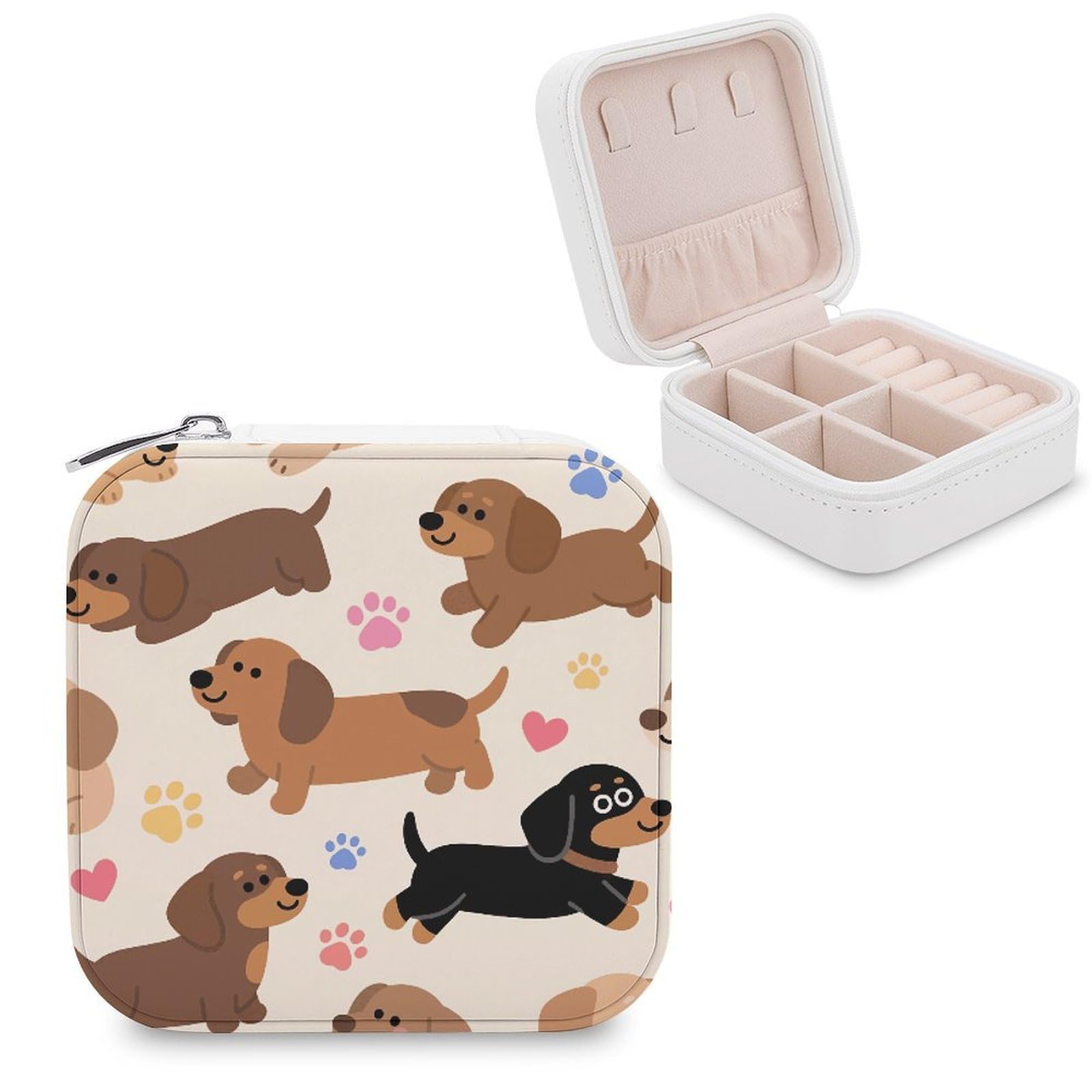VstaDank Dogs Jewelry Box for Women Jewelry Organizer Storage Case with Zipper Mini Travel Jewelry Case Cute Trinket Organizer Leather Portable Jewelry Storage Box