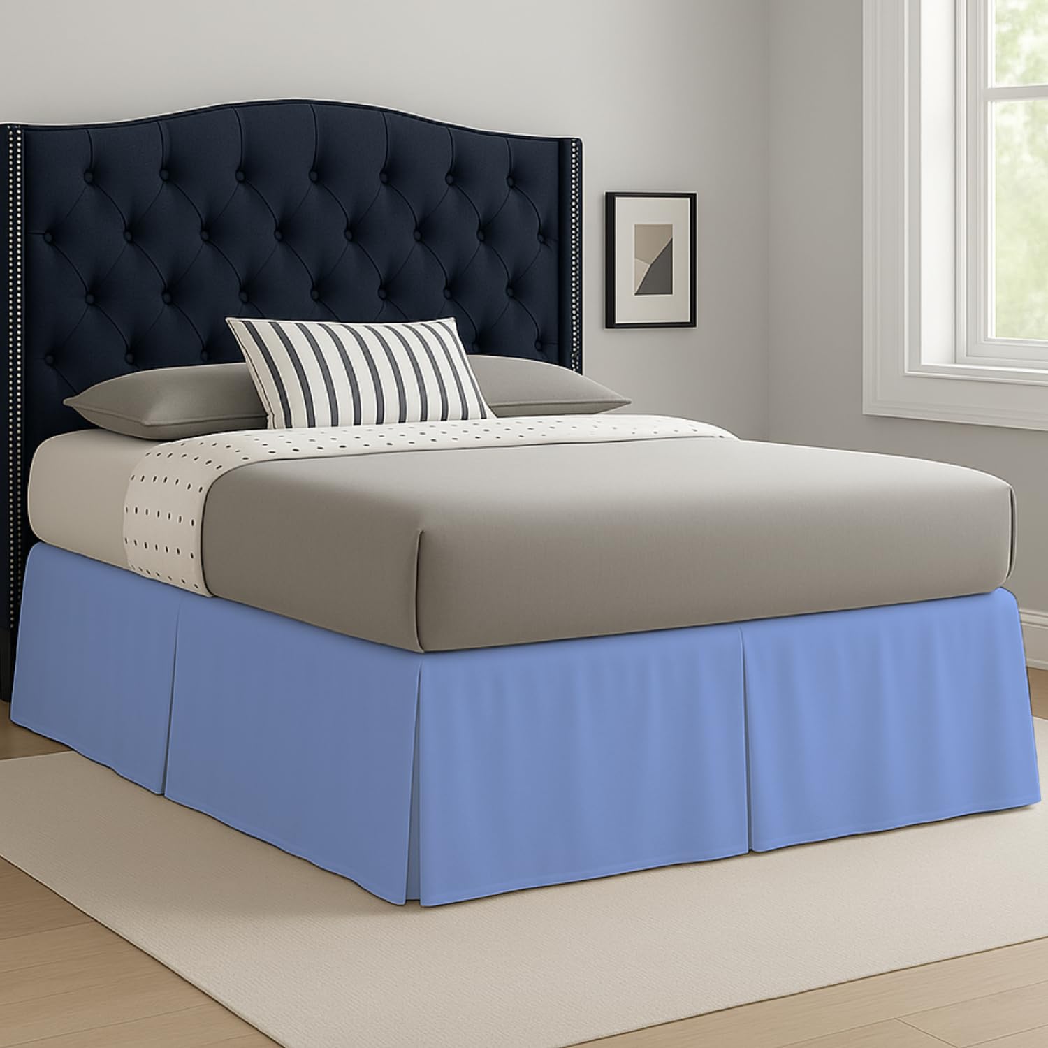Laam linen Easy Care Plain Dyed Polycotton Pleated Base Valance Sheet Hotel Quality Bedding Sets (Blue, King)
