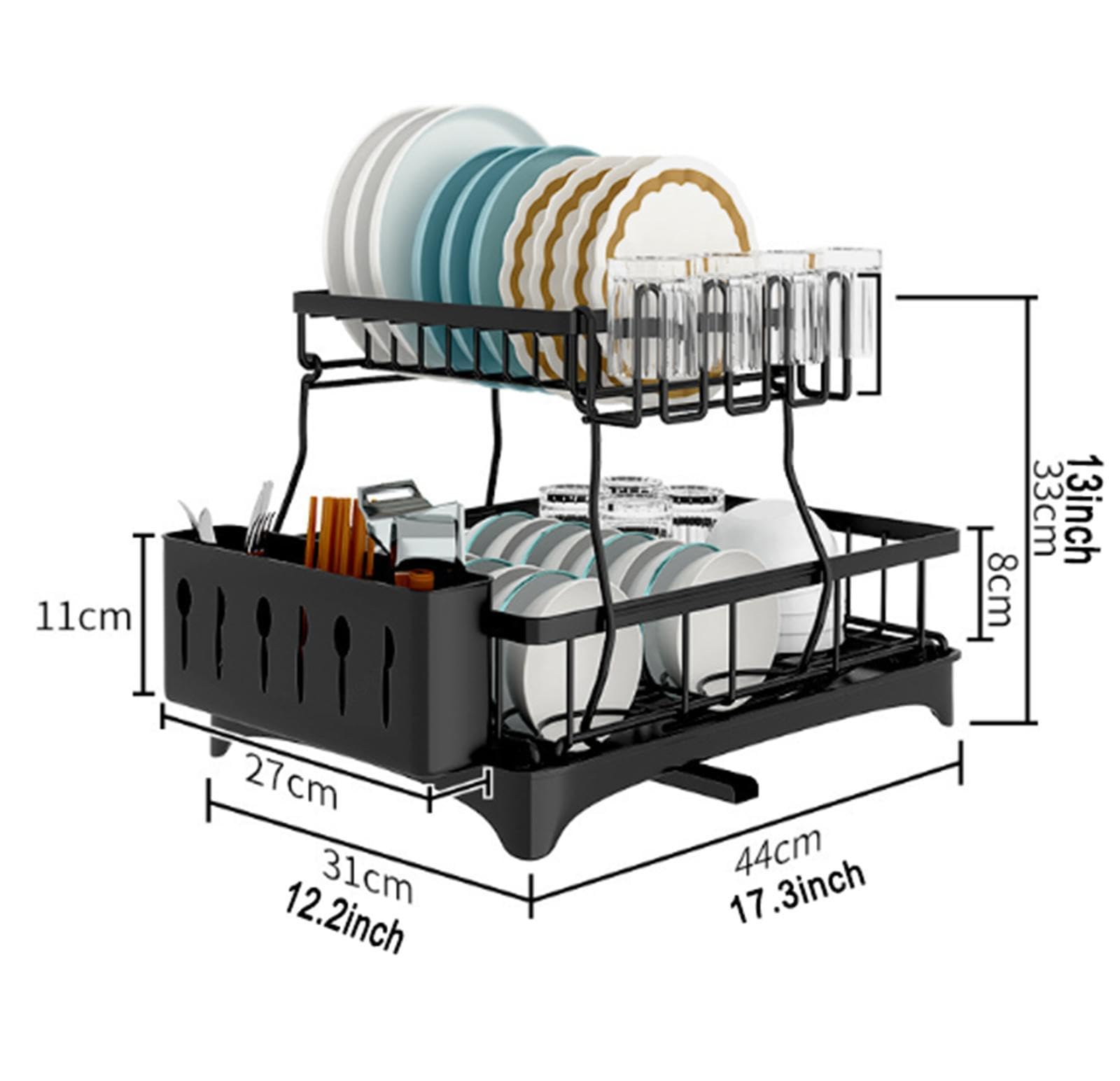 Escurridor de platos grande, juego de secado de platos de 2 niveles con escurridor, coladores de platos negros con cubiertos y portavasos, para una organización óptima en la encimera de la cocina