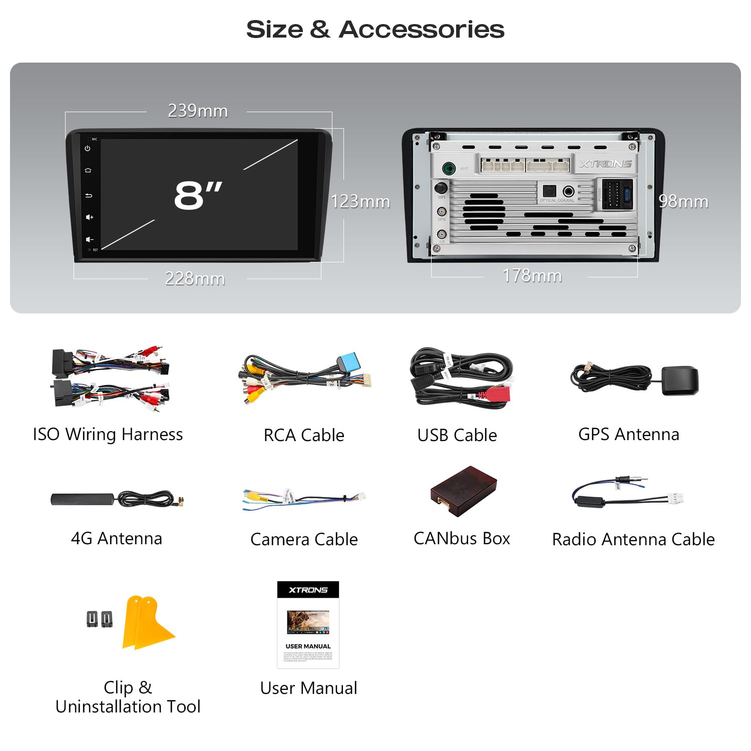 XTRONS Android 14 Autoradio Octa Core 8+128GB für Audi A3 S3 RS3 8-Zoll-IPS-QLED-Bildschirm Integriertes 4G LTE DSP Bluetooth WiFi Car Play Android Auto GPS Optional DAB OBD TPMS