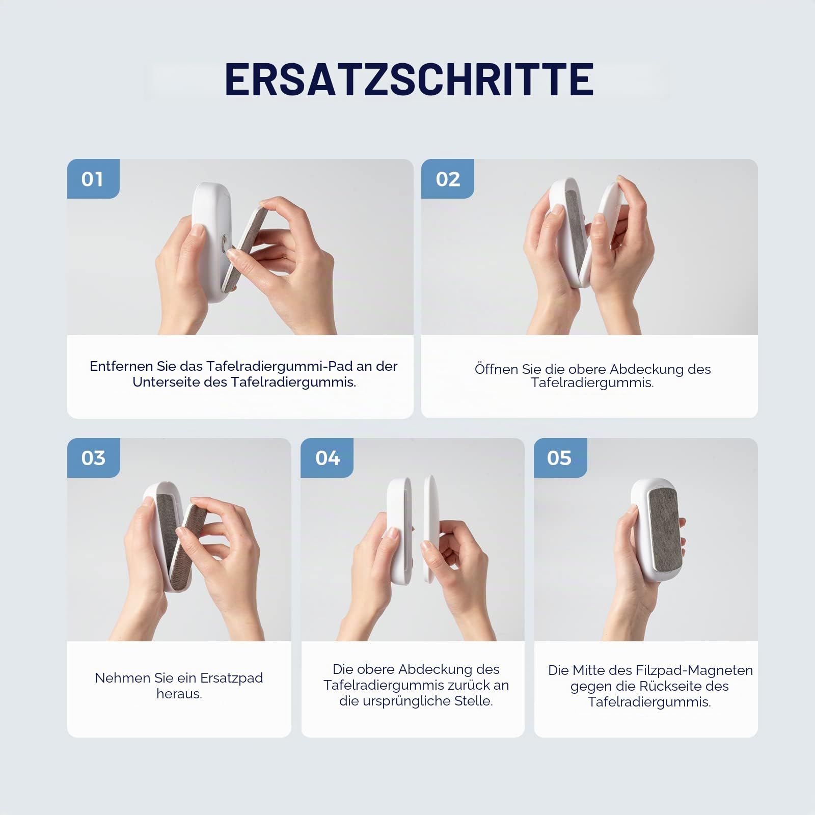 LOUKIN Austauschbarer trocken abwischbarer Radiergummi, magnetischer Whiteboard-Radiergummi mit 3 austauschbaren Filzpads, 4-in-1-Glas-Whiteboard-Radiergummis, inklusive 3,4oz Whiteboard-Reiniger