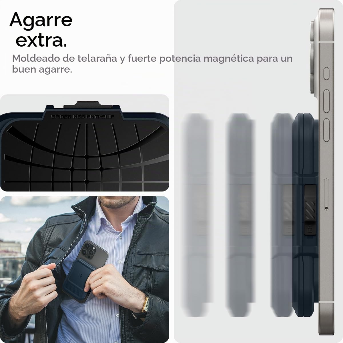 Spigen Cartera MagSafe Lock Fit MagFit Tarjetero Magnético con Kickstand Compatible con iPhone 17/16/15/14/13/12 MagSafe Wallet - Pizarra Metalica