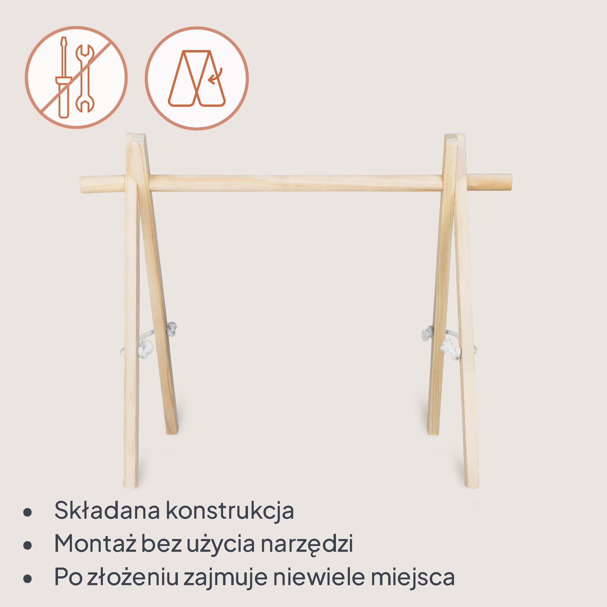 Lionelo Anis Pałąk Edukacyjny Drewniany Baby Gym Montessori, Składany dla Niemowląt, Odpinane Zawieszki, Wspiera Motorykę i Sensorykę, Gładko Szlifowany bez Ostrych Krawędzi, 65 x 45 x 45 cm, 1,2 kg