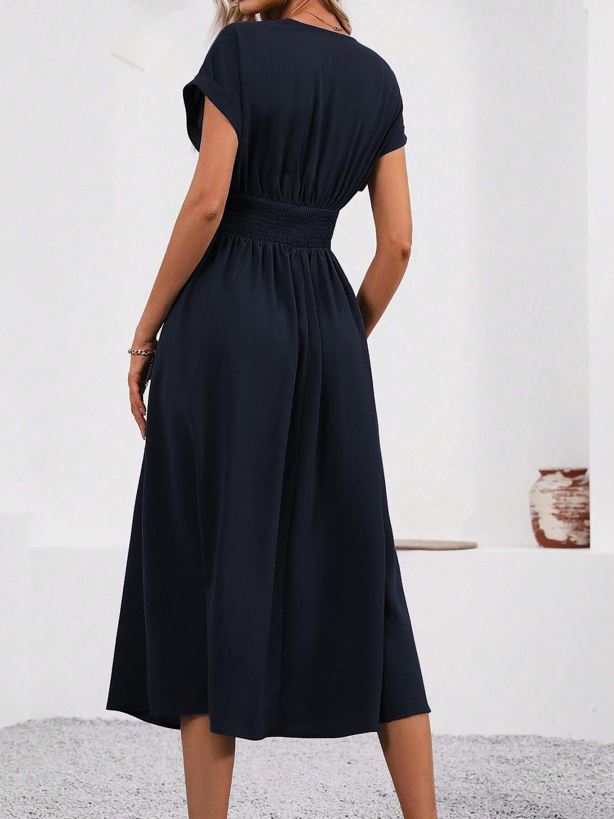 LIAMERHE Damen Langarm/Kurzarm V-Ausschnitt Sommer/Winter Elegant Lang Kleider Herbst Freizeitkleider Plissee Hohe Taille Lässiges Kleid Boho Stil A-Linie Strandkleid Frühling