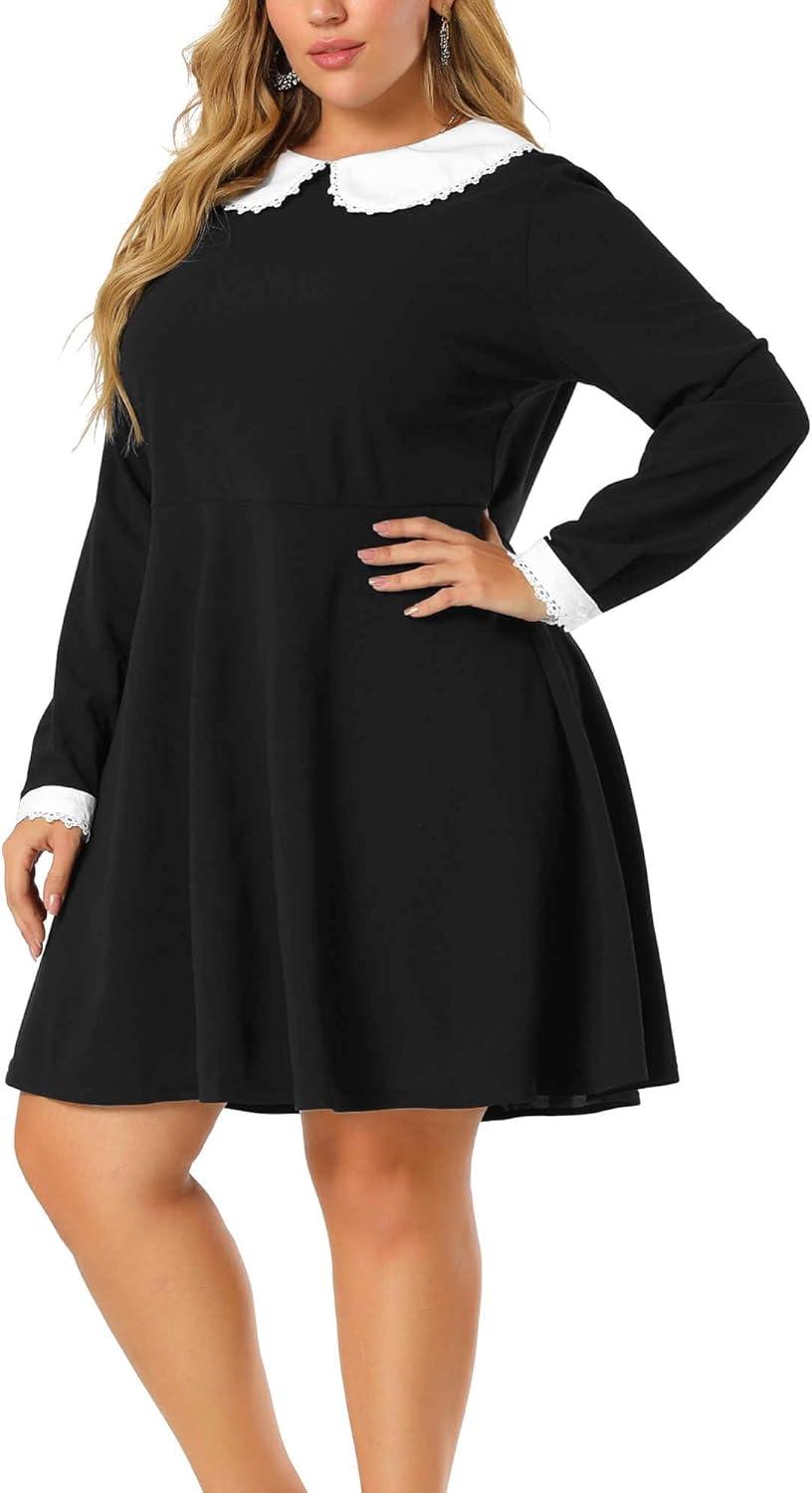 Agnes Orinda Plus Size Dresses for Women Long Sleeve Doll Collars Peter Pan Collar A-line Flare Midi Dress - Image 2