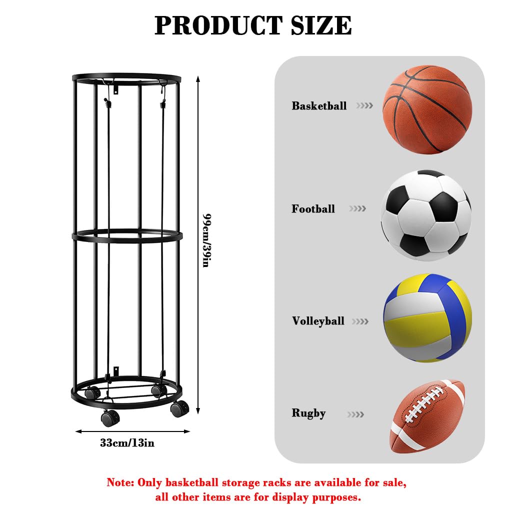 PROBEROS® Ball Storage Organizer Rack, Mobile Metal Elastic Wire Ball Storage Rack with Caster Wheels, Multi Purpose Floor, Wall Mounted Ball Storage Basket Sports Equipment Organizer, 13x38.4 inch