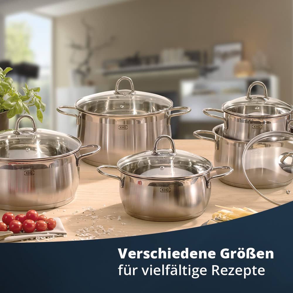 KHG Topfset Induktion aus rostfreiem Edelstahl | 5-teilig inklusive Glasdeckel mit Dampfloch | Kochtöpfe mit 1,5-5 Liter Fassungsvermögen und Innenskalierung