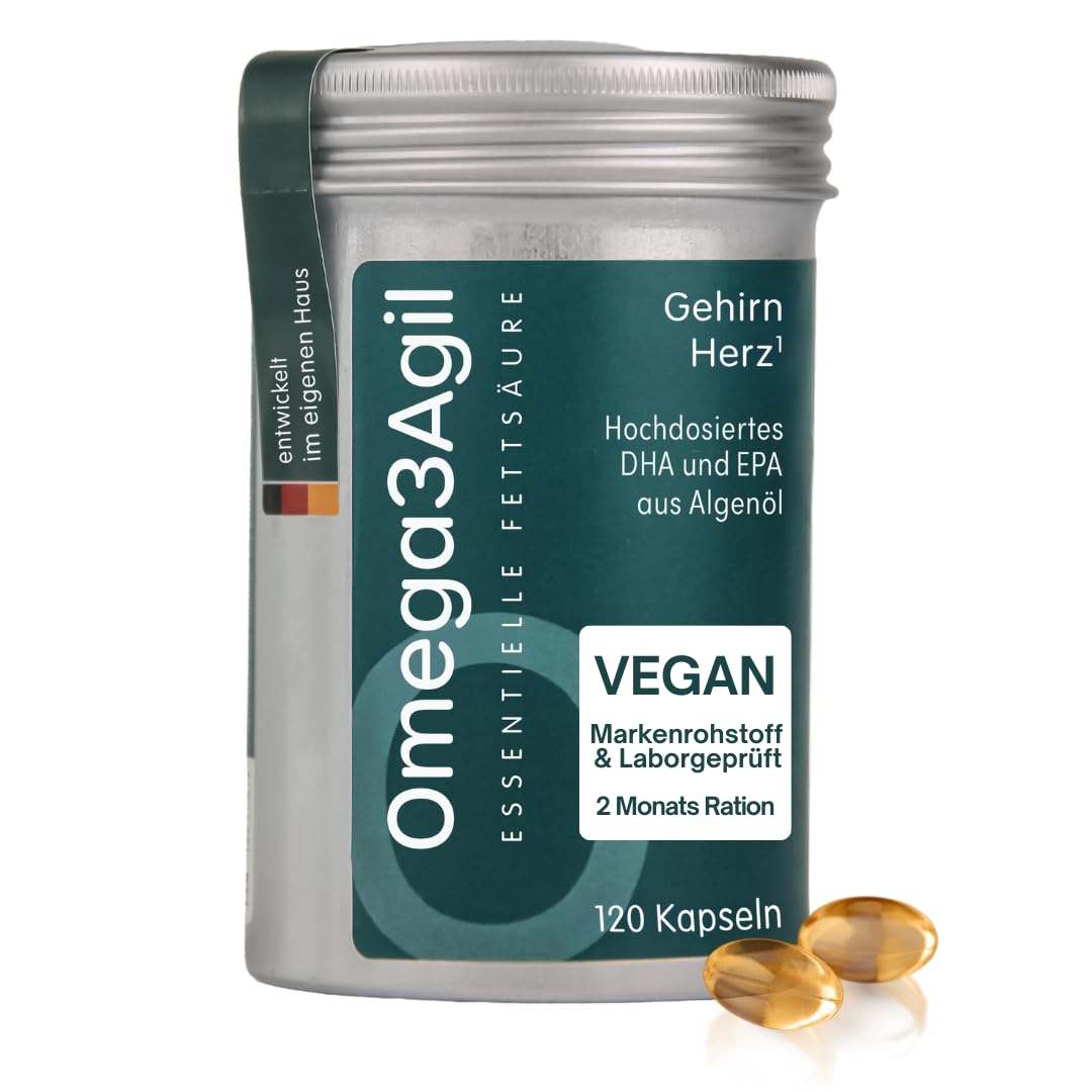 AgilNature Omega 3 Vegan I 120 vegane Algenöl Kapseln mit 530 mg DHA & EPA täglich I 2 Monatsration I Omega 3 Kapseln hochdosiert als sichere Alternative zu Fischöl I Made in Germany I Omega3Agil