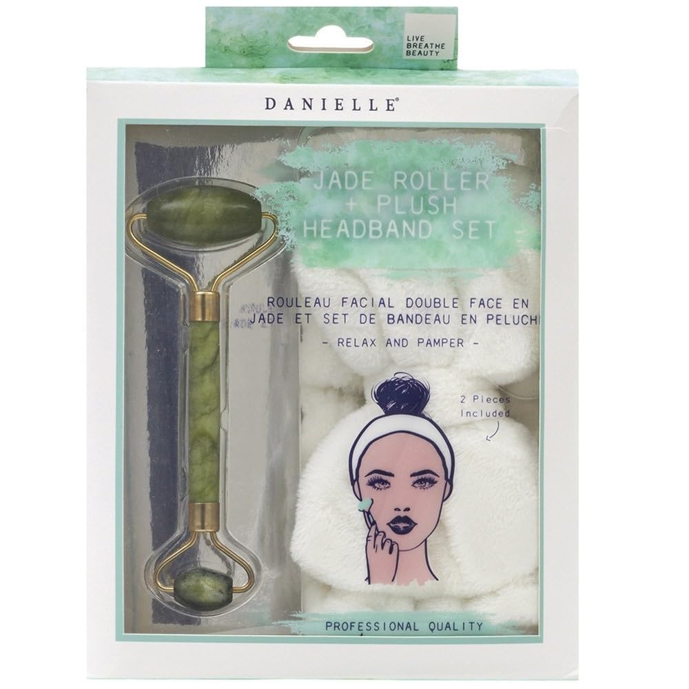 Danielle Dual Ended Jade Facial Roller Massager & Beauty Headband Gift Set