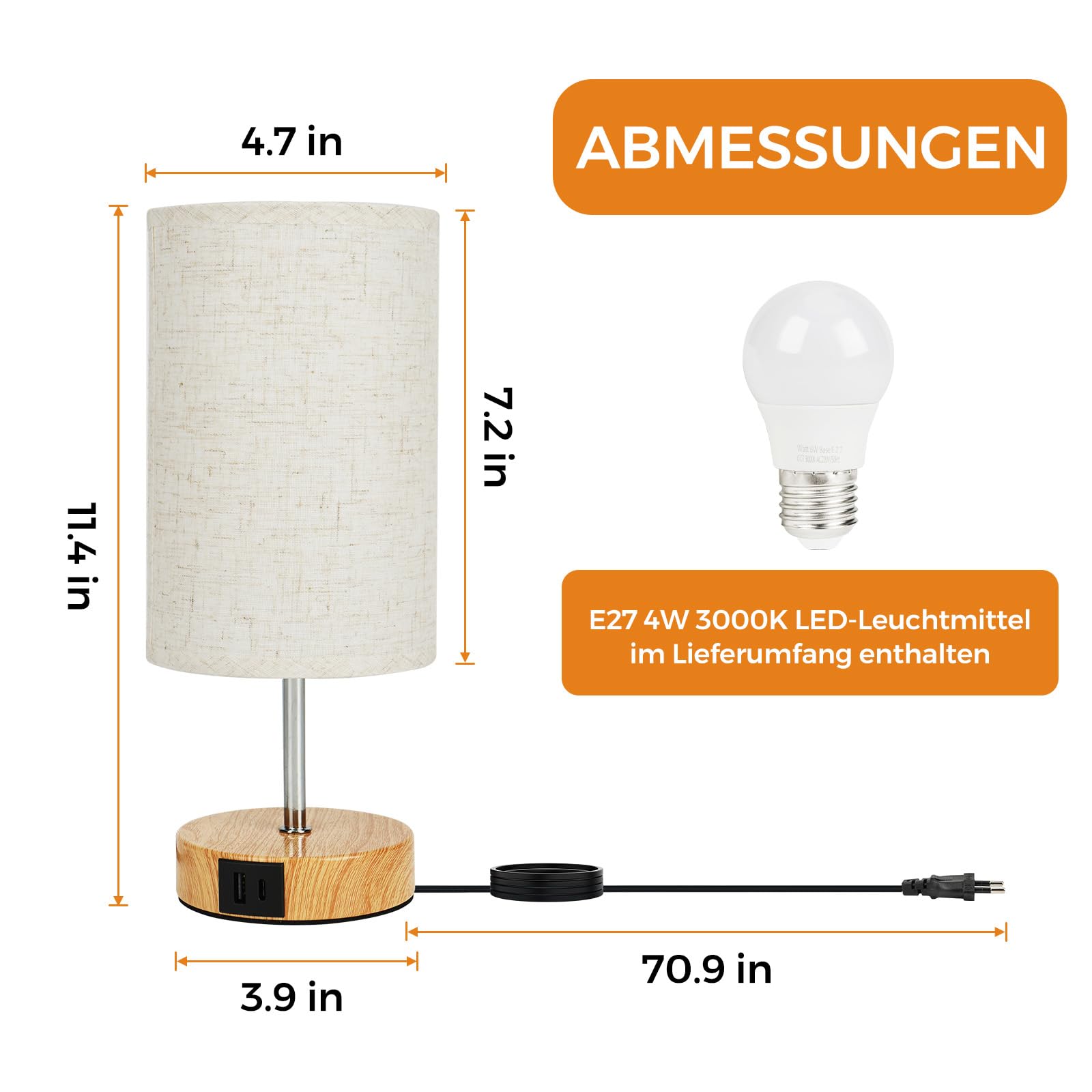 Suright Nachttischlampe Touch Dimmbar mit USB A+C Ladeanschlüssen, Lampenschirm aus Leinenstoff, Holzsockel, Kleine Tischlampe für Schlafzimmer Wohnzimmer Kinderzimmer (LED-Birne Inklusive)