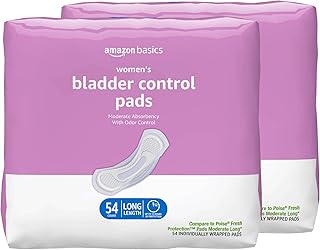 Amazon Basics Incontinence Pads for Women Long, Bladder Control, Postpartum, Moderate Absorbency, Unscented, 108 Count (2 Packs of 54)