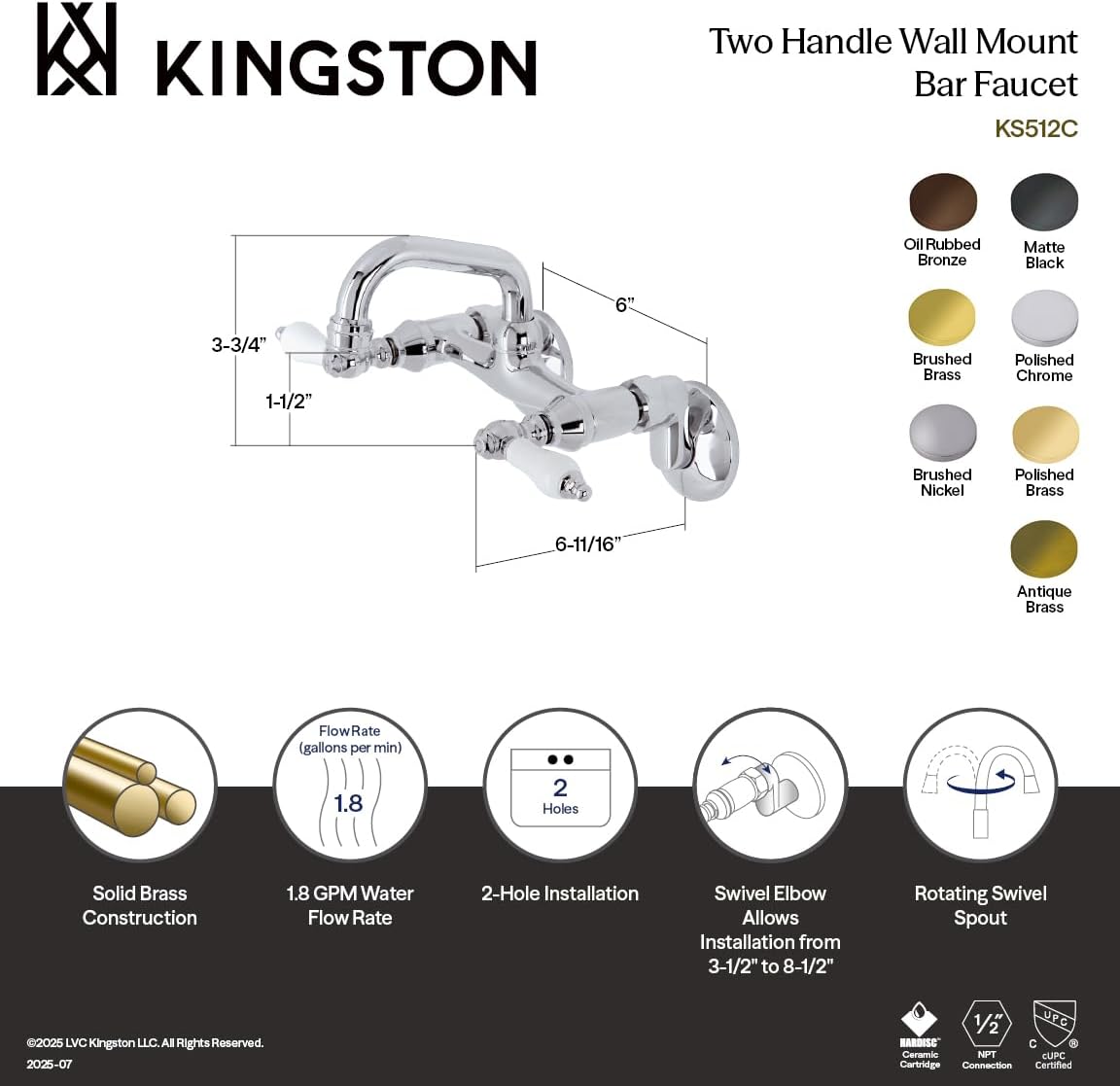 Kingston Brass KS512C Kingston Bar Faucet, Polished Chrome 12.13 x 7.88 x 6.5