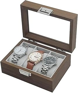 Generic Wooden Jewelry Watch Organizer Box - Brown, 16.5cm*12cm*7.5cm, 3 Sections, Glass Cover, Suitable for Dressing Room