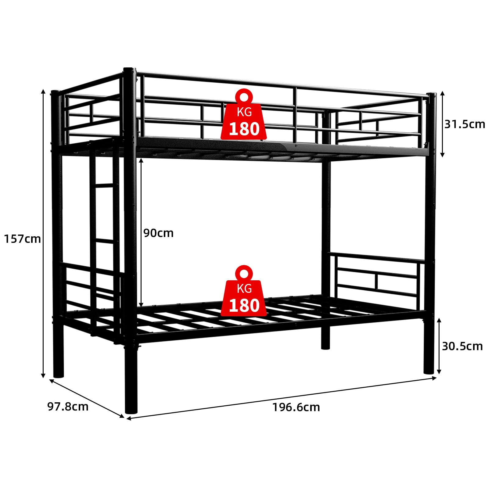 Kinder Hochbett, Metall Etagenbett, Heavy Duty Metallbett Rahmen, etagenbett Twin Over Full mit Leiter & Full-Länge Geländer für Jugendliche Erwachsene, Lärm frei (Schwarz A, 90x190CM)