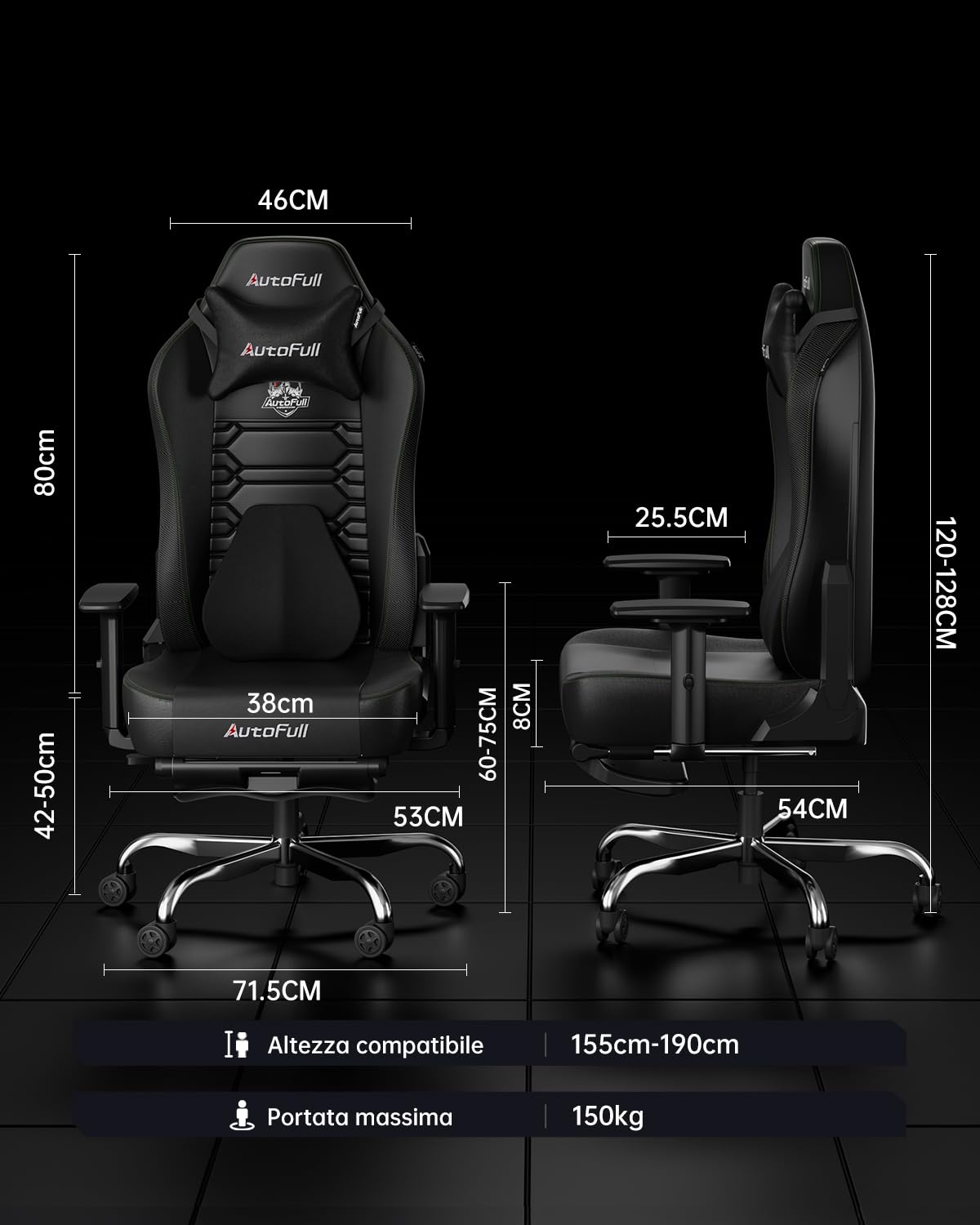 AutoFull C3 Sedia Gaming, Ergonomica Sedia da Gaming con Schienale Regolabile 155°, Supporto Lombare Ergo 3D, Poggiapiedi, Pelle PU - Design in Stile Racing (Nero)
