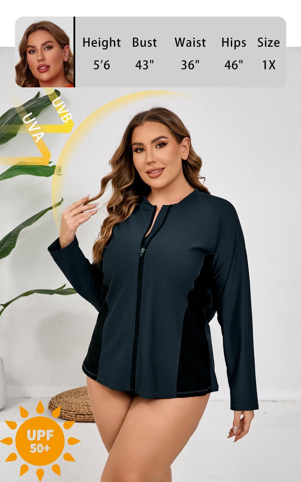 Halcurt Camiseta de manga larga para mujer, talla grande, con cremallera completa, UPF50+, ajuste holgado, traje de baño de secado rápido