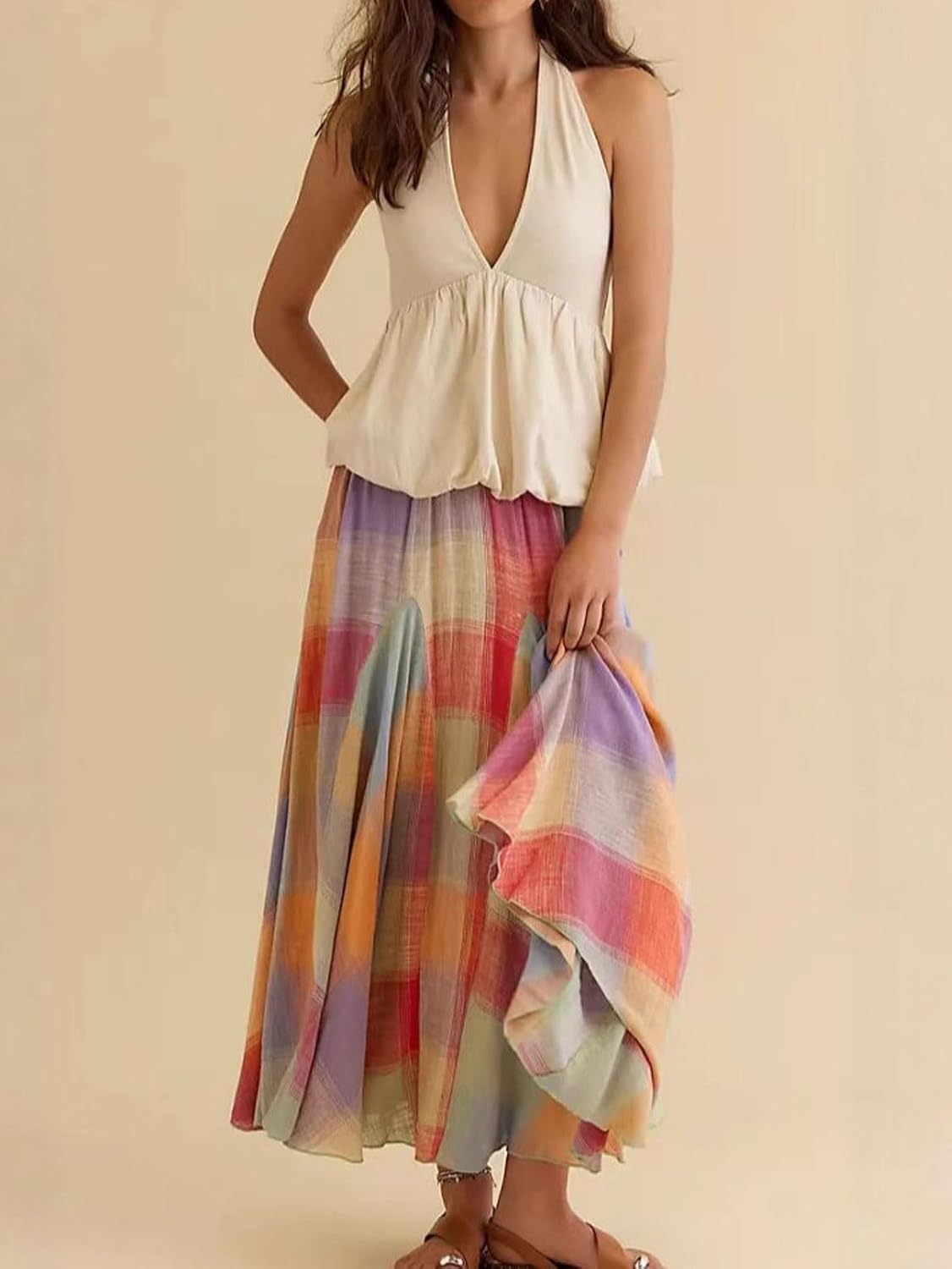 CHARTOU Women Multicolour Plaid Ruffle Elastic Waist Flowy Long Skirt Summer Ruche Color Block Gingham Skirt