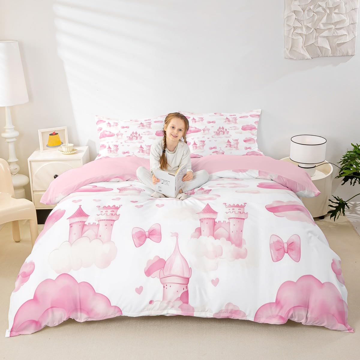 feelingyou Pink Caste Duvet Cover Cot Size for Kids GirlsTeens,Cute Princess Bowknot 2 Pcs Quilt Cover,Pink Sky Clouds Soft Bedding (Not Comforter),Cartoon Fairy Tales Comforter Cover