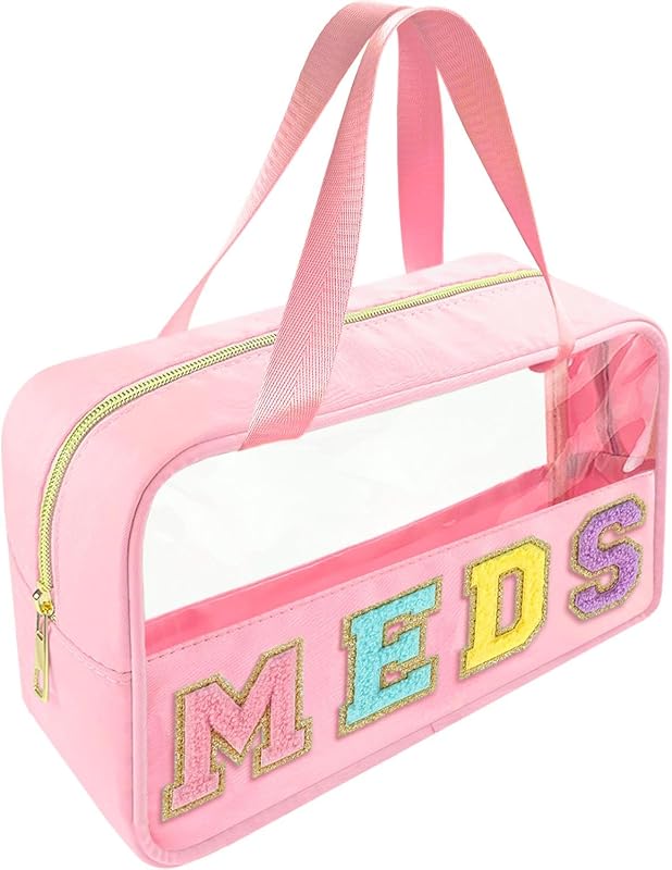 Necessaire transparente Bunliuys com patch de letras MEDS, alça e zíper, rosa, Pacote com 1