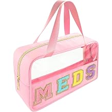 Bunliuys Chenille Letter Clear Makeup Bag Meds Patch, Travel Toiletry Makeup Bag with Handle, Nylon Waterproof Makeup Bags clear cosmetic bag, preppy patch makeup bag for Women MEDS-Pink
