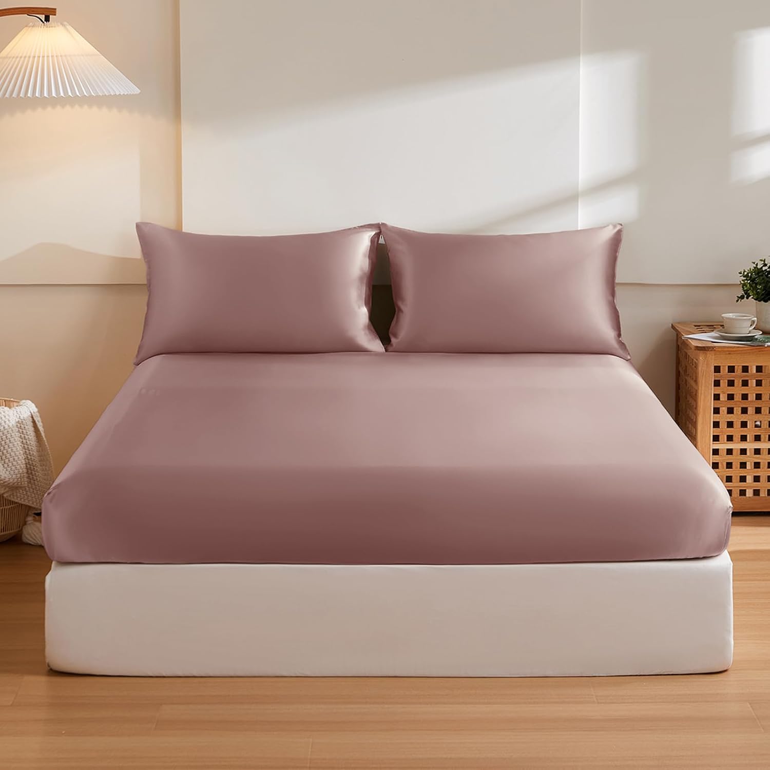 THXSILK 6A+ Top Grade 100% Pure Mulberry Silk King Fitted Sheet 3Pcs Set Bed Sheets Luxury Bedding for Hair and Skin Healthy Natural Materials, 1 Fitted Sheet with 2 Pillowcases, Purple