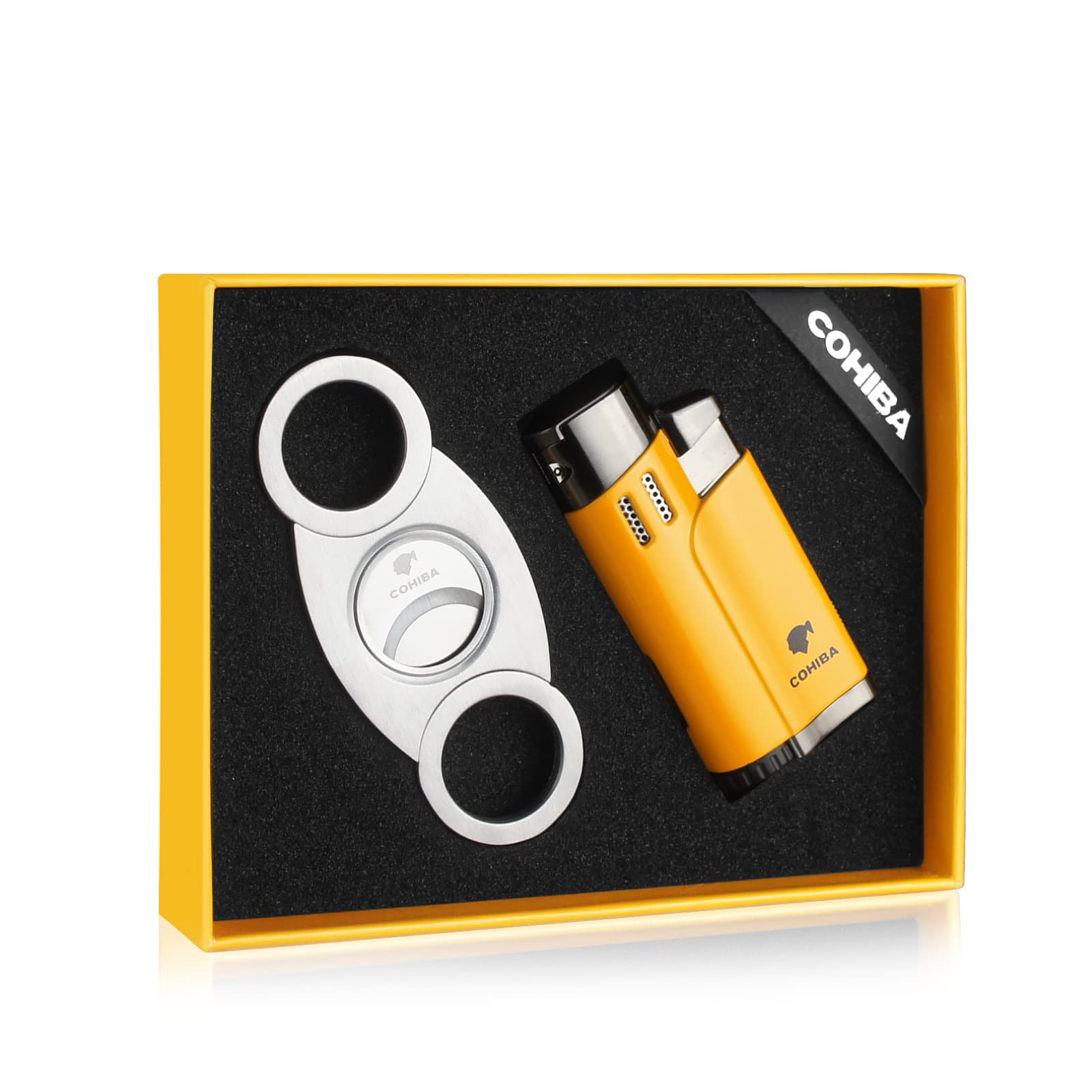 Cigar Lighters and Cutter Set with Butane Refillable Four Jet Flame Lighters Sharpening Blade Cigar Guillotine Windproof Lighter Torch Yellow