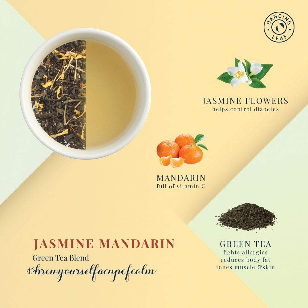 Dancing Leaf Jasmine Mandarin | Green Tea, Orange Petals, Jasmine flowers & Mandarin Bits | Loose Leaf Pouch (50gms) - Image 4 thumbnail