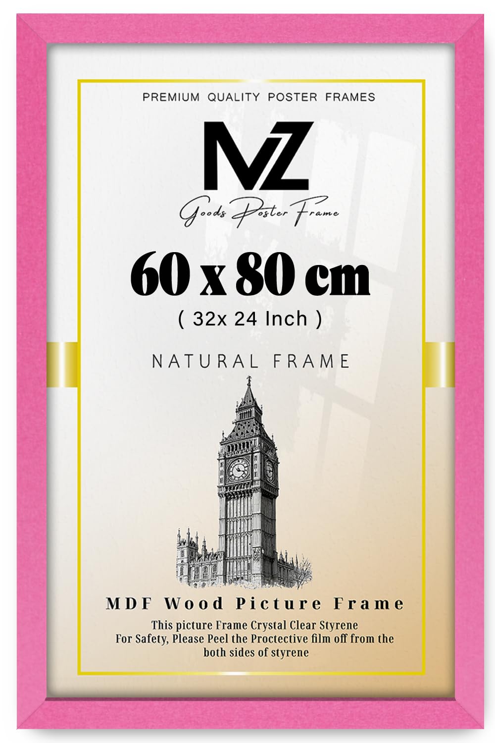 MZ GOODS | MDF Picture Frame (60 x 80 CM) 24 x 32 Inch for Pop Art, Certificates & Prints, MDF Wood, Portrait & Landscape Hanging Hooks [ Pink ]