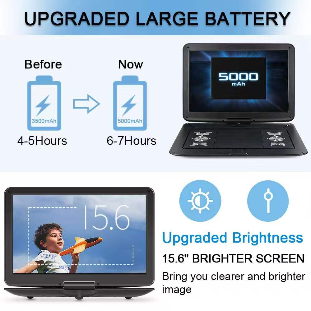 Lettore DVD portatile da 18 pollici con grande schermo girevole HD da 15,6 pollici, batteria ricaricabile 6 ore, lettore DVD portatile supporto USB/SD Card/Sync TV, diversi formati di dischi, nero