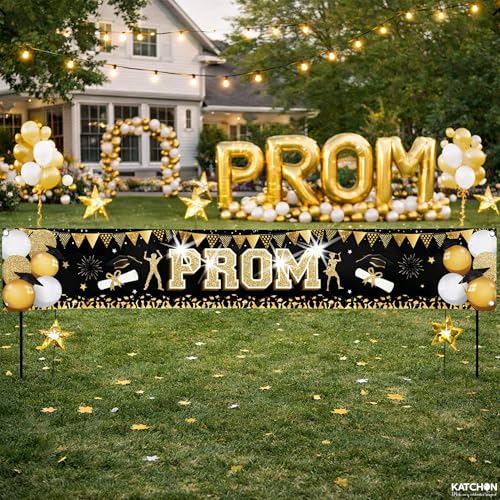 Image of KatchOn Prom Banner 120x20 Inch, Graduation Decorations 2026, Black and Gold Graduation Yard Banner for Outdoor Grad Decorations 2026, 2026 Graduation Banner, Prom Decorations 2026 Black and Gold Graduation Yard Banner for Outdoor Grad Decorations 2026, 2026 Graduation Banner, Prom Decorations 2026