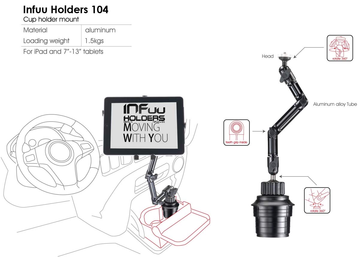 KFZ Metall Becherhalterung Getränkehalter Aluminium für Apple iPad 2 3 4 Air mini Galaxy Tab Note Tablet universal 104 variabel