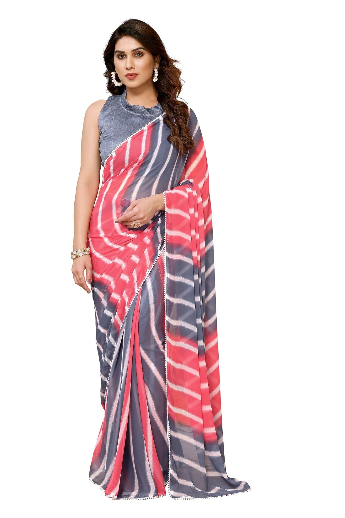 Readymade Pleated Pre Drape Stitched Floral Printed Georgette Saree For Women's With Lace Border & Blouse(Ready To Wear One Minute)-image-37