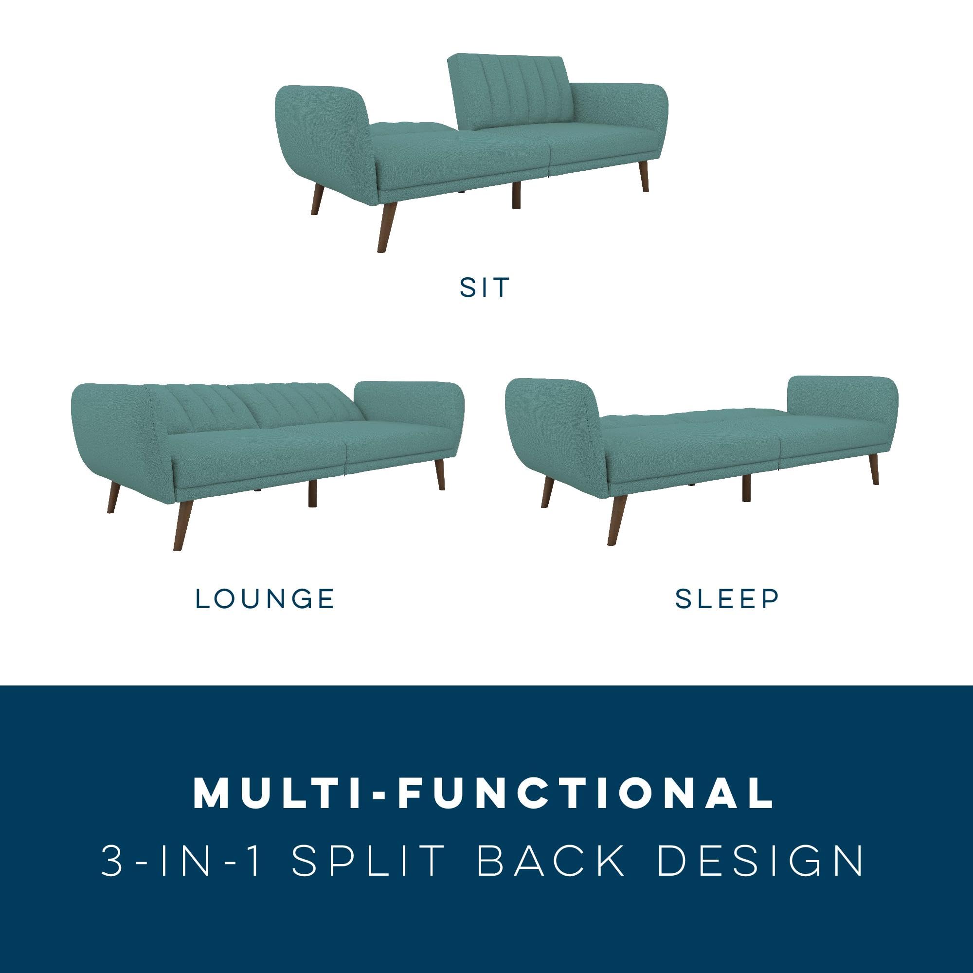 Novogratz Brittany 82 Inch Futon Sofa Bed in Faux Leather, Upholstered Couch Sleeper with Tufted Back, Mid-Century Modern Design, Teal