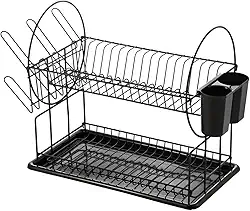 Escorredor de Louça Duplo em Aço Inox, Preto, 2 Andares, 23x36x42cm, Organizador de Cozinha com Suporte para 18 Pratos, 6 Copos, 6 Xícaras e Talheres
