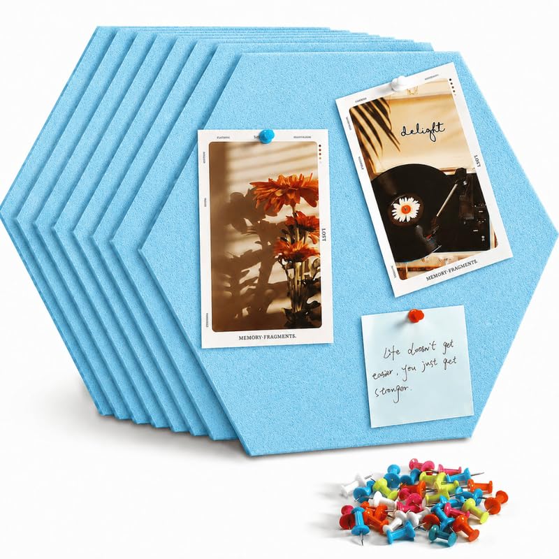 Image of Quiet Canvas Hexagon Pinboard, 1x1 ft, Pack of 8, 50 PushPins, (Blue)