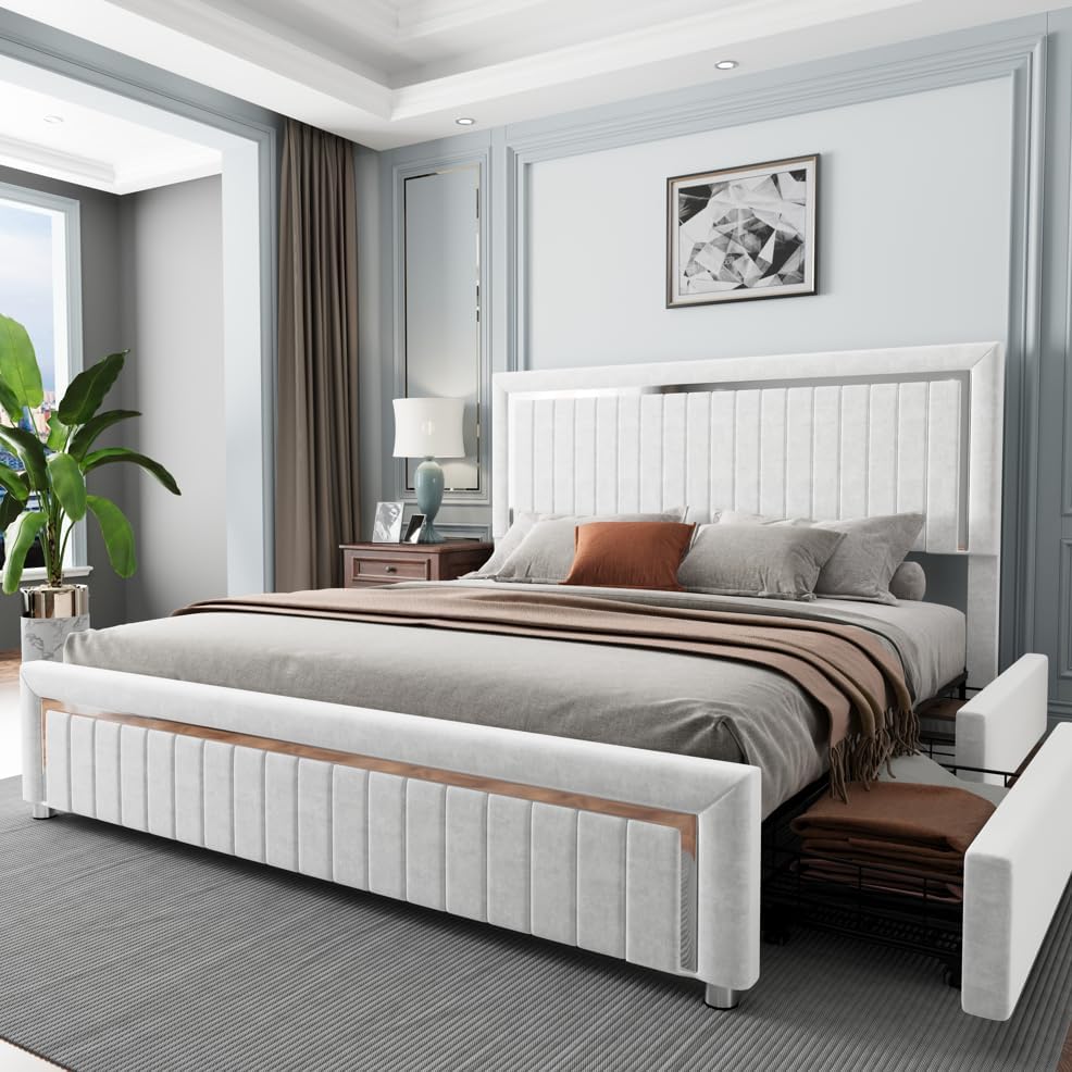 Jocisland Queen Size Upholstered LED Bed Frame with 4 Storage Drawers, Velvet Platform Bedframe with Channel Tufted Adjustable Headboard, Wooden Slats Support, No Box Spring Needed, White