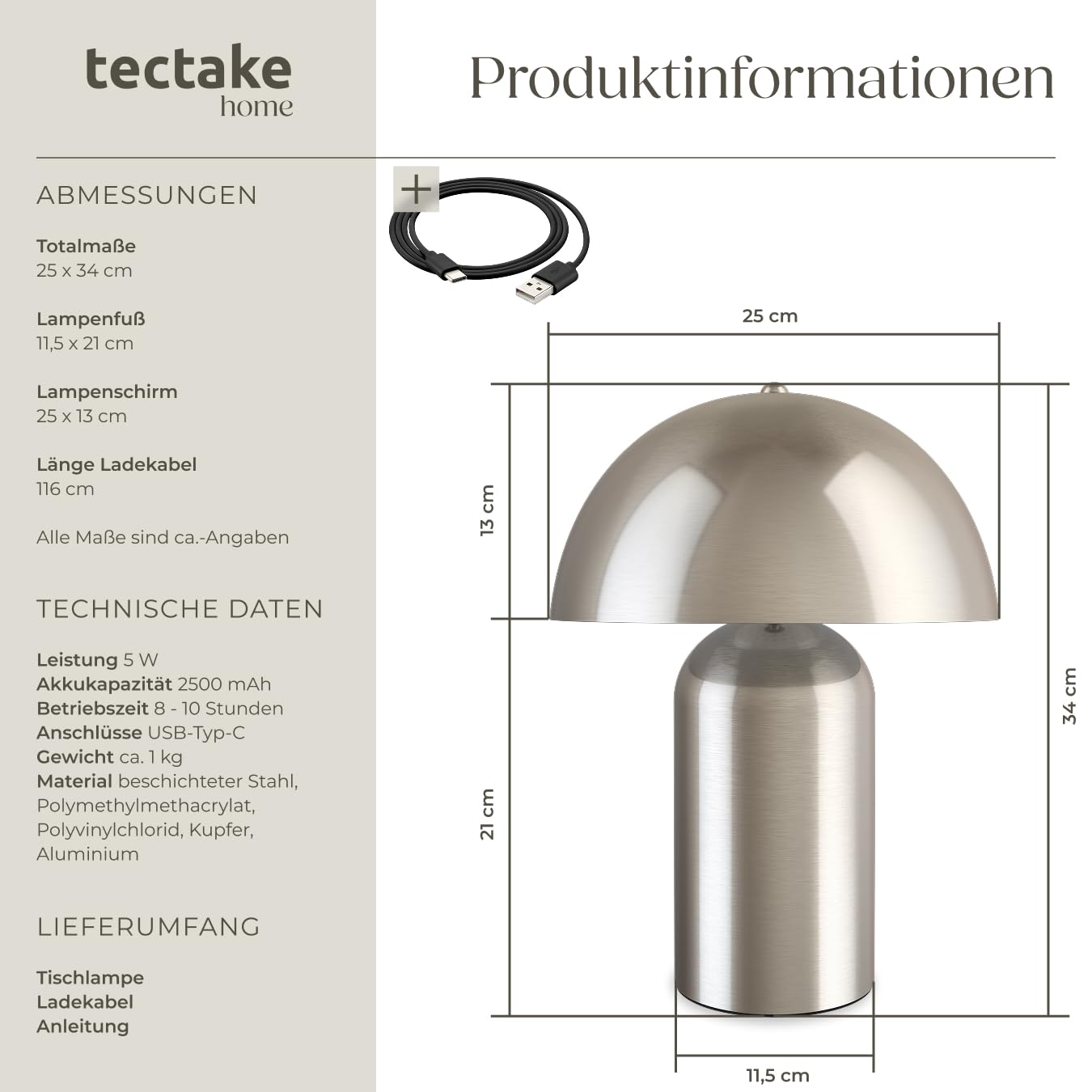tectake® Tischlampe Vintage Pilzform, Pilzlampe Dekolampe, Tischleuchte, Leselampe, Nachtlicht, Lampe Wohnzimmer, Table Lamp, kleine Lampe, Tischlampe retro, kabellos- Nickel matt