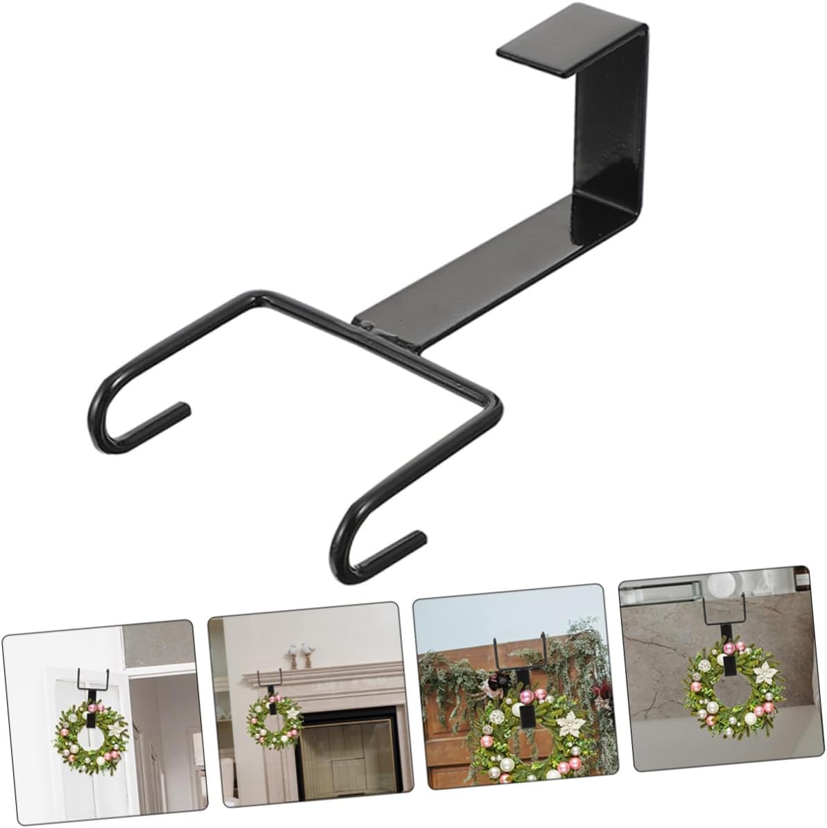 4pcs Black Wrought Iron Over-the-Door Wreath Hangers for Front Door, Long Door Hook for Christmas and Halloween Garland Decoration