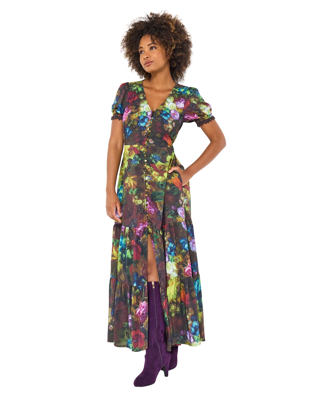 Joe Browns Women's Floral V-Neck Midi Dress, Petite, Green, UK 18