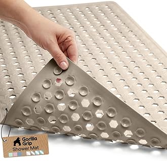 GORILLA GRIP Patented Bath Tub Shower Mat, Machine Washable Bathtub Floor Liner Mats, Suction Cups and Drain Holes to Keep Tubs Clean, Soft on Feet, Bathroom Essentials, 35x16 Inch, Beige